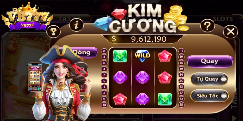 Chọn mức cược, số dòng rồi kích hoạt cơ chế Quay Kim Cương Chọn mức cược, số dòng rồi kích hoạt cơ chế Quay Kim Cương